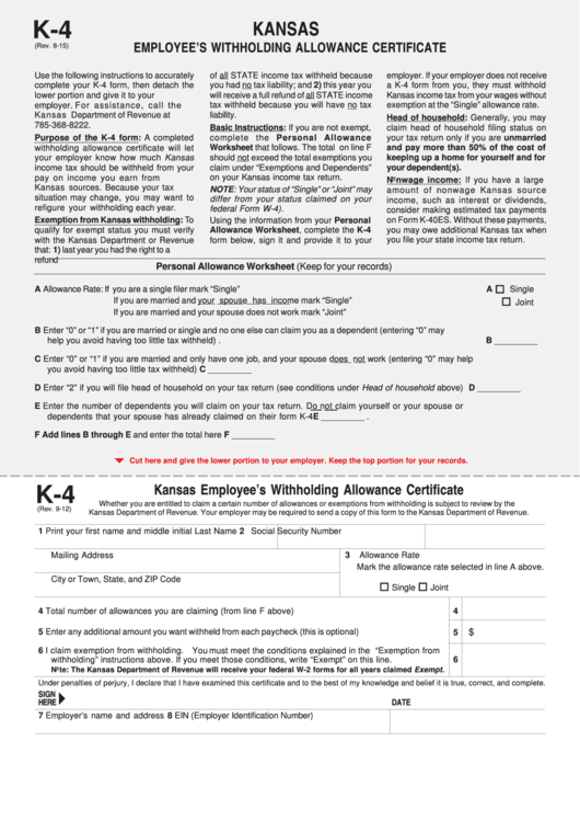 Fillable Form K 4 Kansas Employee S Withholding Allowance Certificate Printable Pdf Download