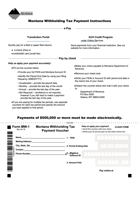 Fillable Form Mw 1 Montana Withholding Tax Payment Voucher Printable 