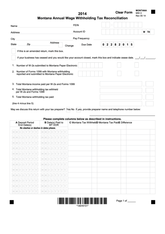 Fillable Form Mw 3 Montana Annual Wage Withholding Tax Reconciliation 