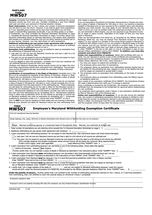 Fillable Form Mw507 Employee S Maryland Withholding Exemption