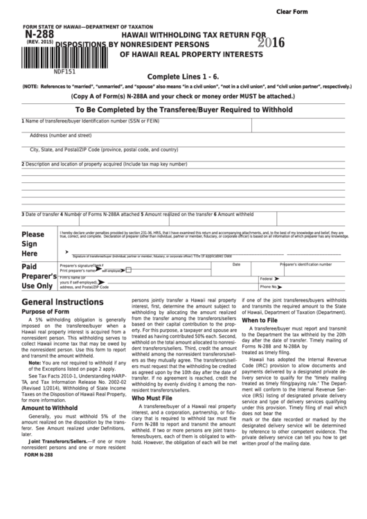 Fillable Form N 288 Hawaii Withholding Tax Return For Dispositions By 