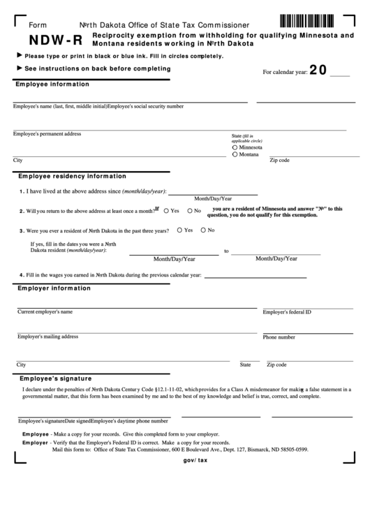 Fillable Form Ndw R Reciprocity Exemption From Withholding For 