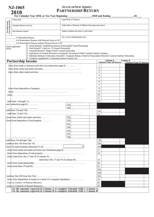 Fillable Form Nj 1065 State Of New Jersey Partnership Return 2010 Printable Pdf Download