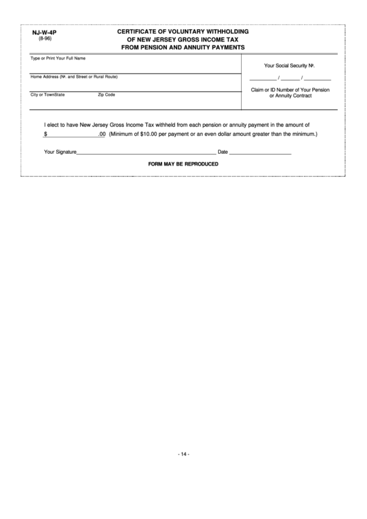 Fillable Form Nj W4 P Certificate Of Voluntary Withholding Of New 