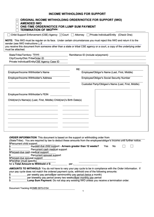 Fillable Form Omb 0970 0154 Income Withholding Order For Support 