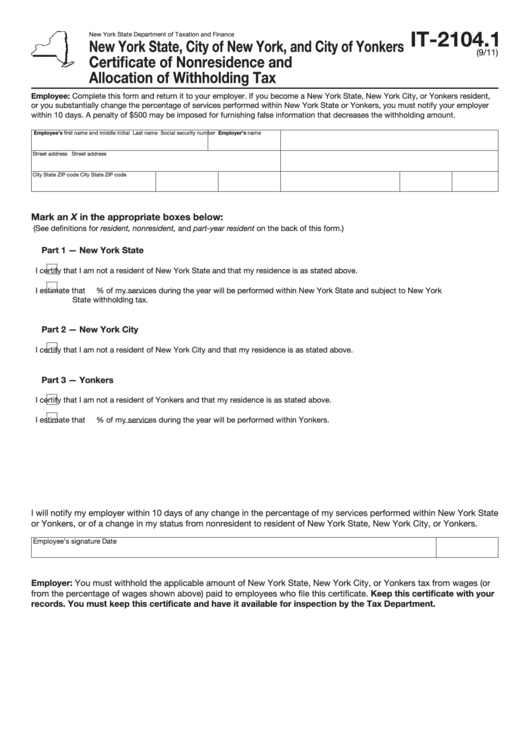 Fillable Form T 2104 1 New York State City Of New York And City Of 