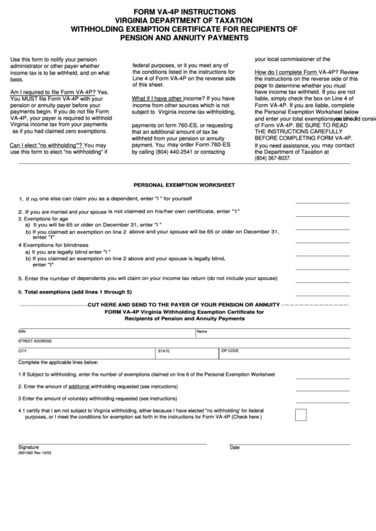 Fillable Form Va 4p Virginia Withholding Exemption Certificate For 