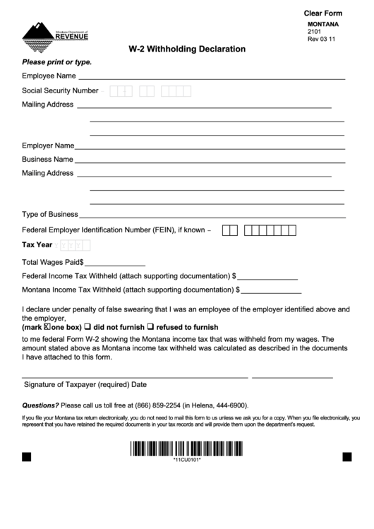 Fillable Form W 2 Withholding Declaration Montana Department Of