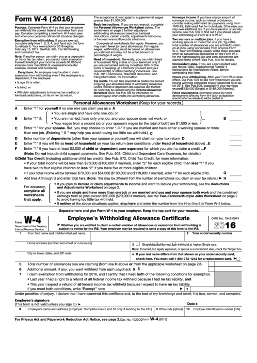 Fillable Form W 4 Employee S Withholding Allowance Certificate 2016