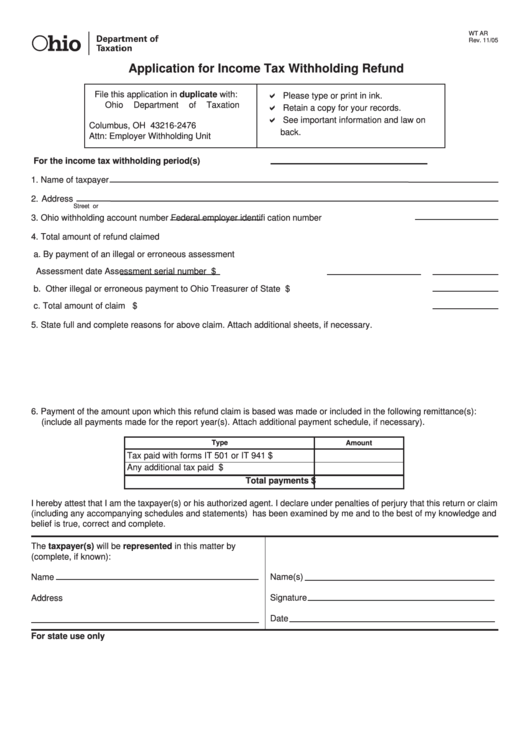 Fillable Form Wt Ar Application For Income Tax Withholding Refund 