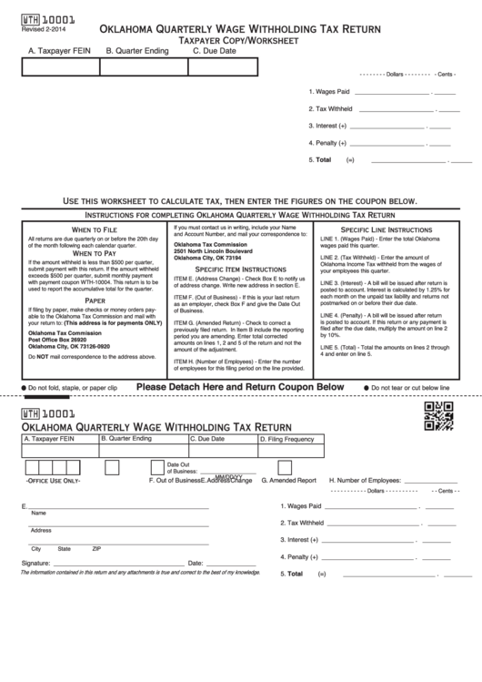 Fillable Form Wth 10001 Oklahoma Quarterly Wage Withholding Tax