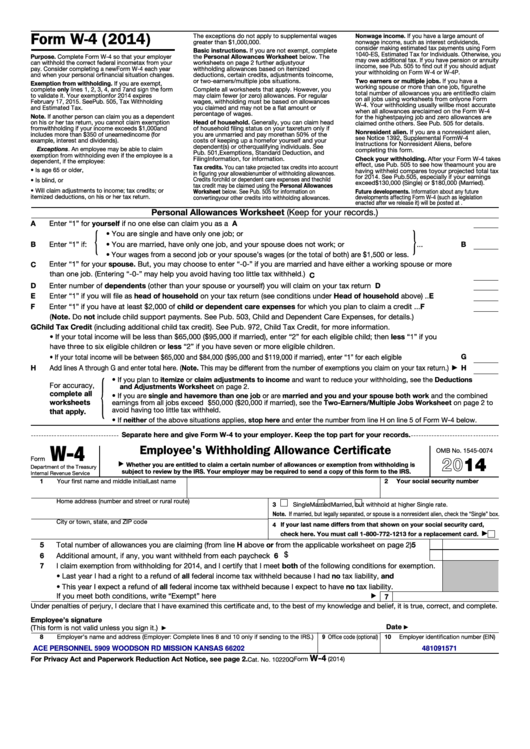 Fillable Forms W 4 Employee S Withholding Allowance Certificate 2014 Missouri Form Mo W 4 