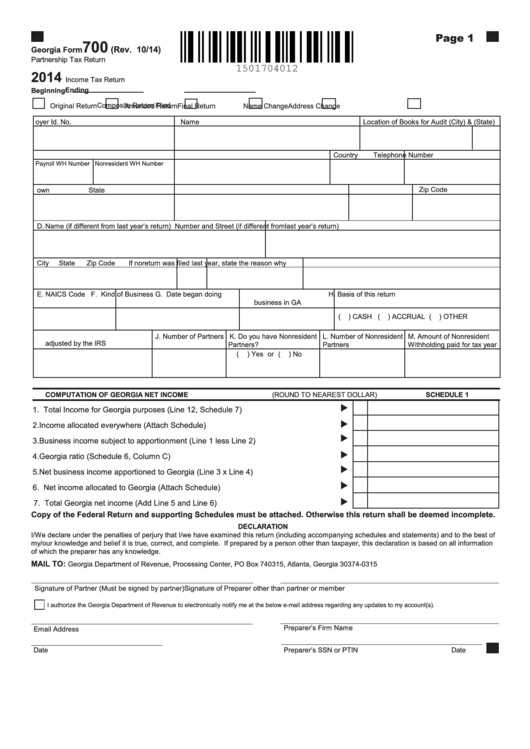 Fillable Georgia Form 700 Partnership Tax Return 2014 Printable Pdf Download