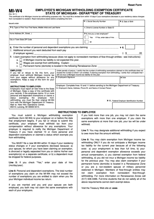 Fillable Mi W4 Employee S Michigan Withholding Exemption Certificate 