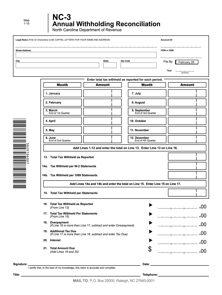 Fillable Online NC 3 Annual Withholding Reconciliation NOTE Form Has 