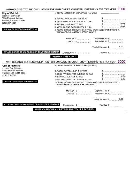 Fillable Withholding Tax Reconciliation For Employer S Quaterly Returns