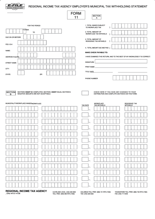 Form 11 Regional Income Tax Agency Employer S Municipal Tax