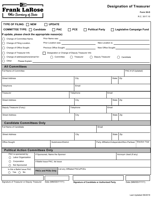 Form 30 D Download Fillable PDF Or Fill Online Designation Of Treasurer 