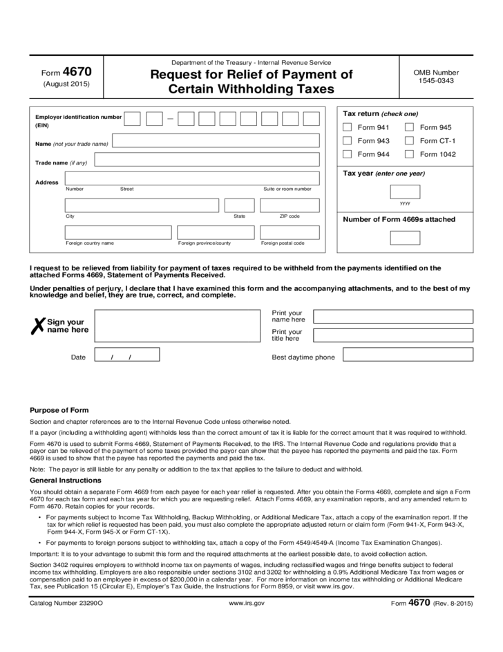 Form 4670 Request For Relief Of Payment Of Certain Withholding Taxes 