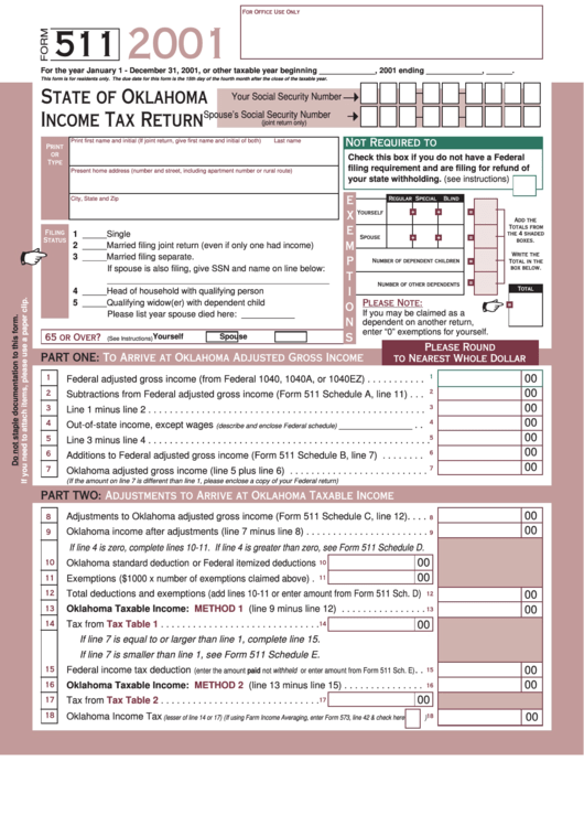 Form 511 State Of Oklahoma Income Tax Return 2001 Printable Pdf 