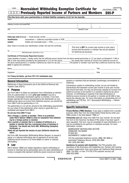 Form 590 P Nonresident Withholding Exemption Certificate For 