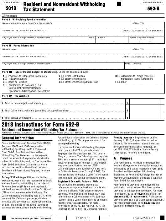 Form 592 B Download Fillable PDF 2018 Resident And Nonresident