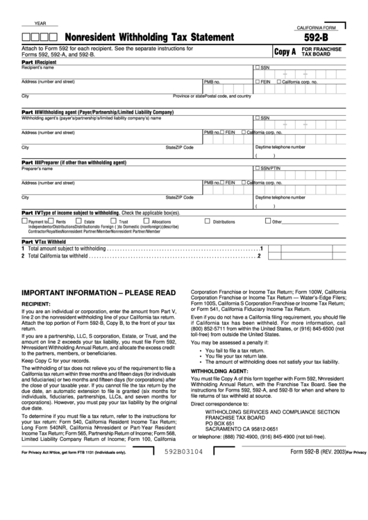 Form 592 B Nonresident Withholding Tax Statement Printable Pdf Download