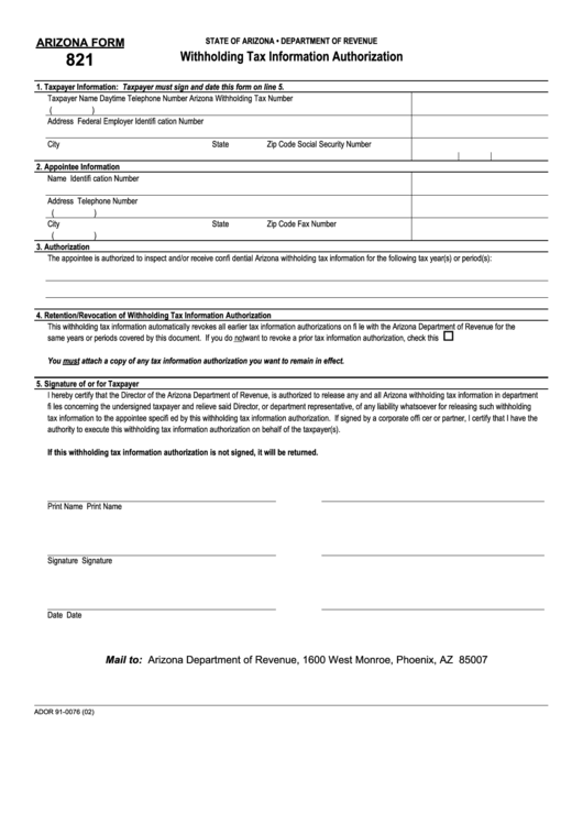 Form 821 Withholding Tax Information Authorization Printable Pdf Download