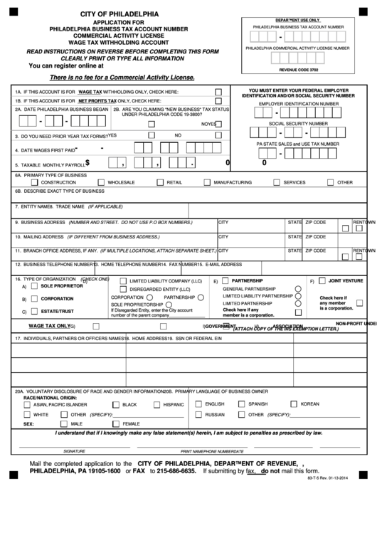 Form 83 T 5 Application For Philadelphia Business Tax Account Number 