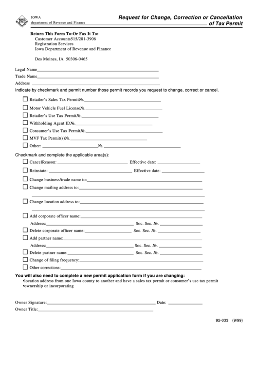 Form 92 033 Request For Change Correction Or Cancellation Of Tax 