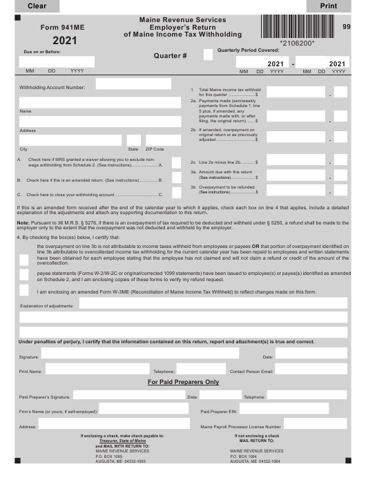 Form 941ME Download Fillable PDF Or Fill Online Employer s Return Of 