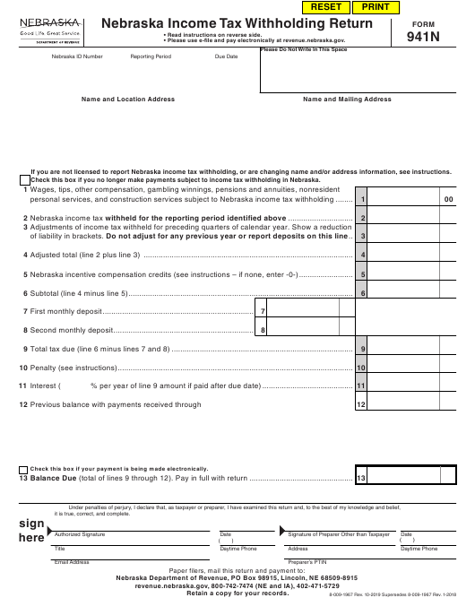 Form 941N Download Fillable PDF Or Fill Online Nebraska Income Tax 