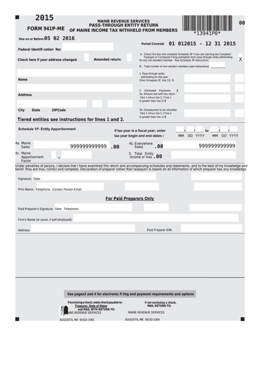 Form 941p Me Pass Through Entity Return Of Maine Income Tax Withheld 