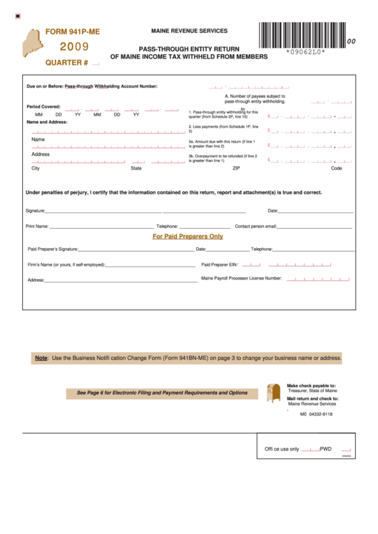 Form 941p Me Pass Through Entity Return Of Maine Income Tax Withheld