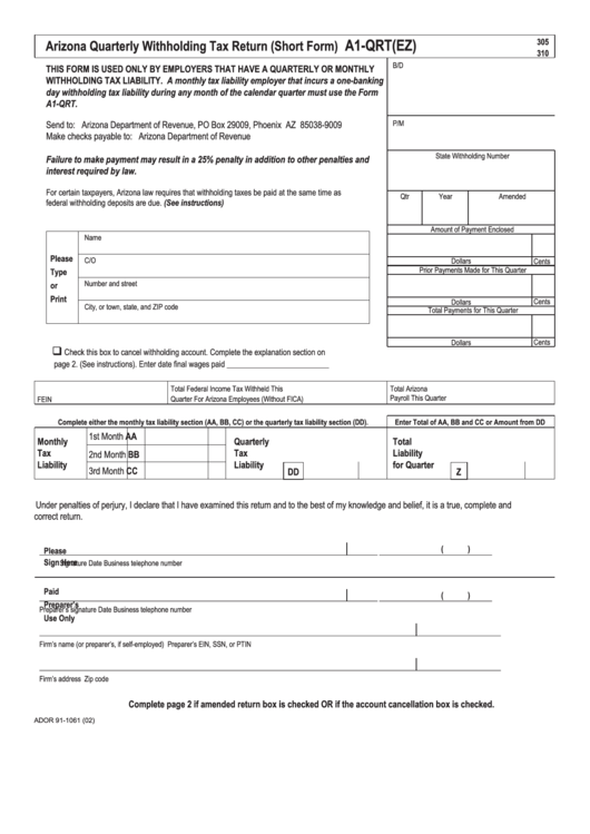 Form A1 Qrt Ez Arizona Quarterly Withholding Tax Return Short Form