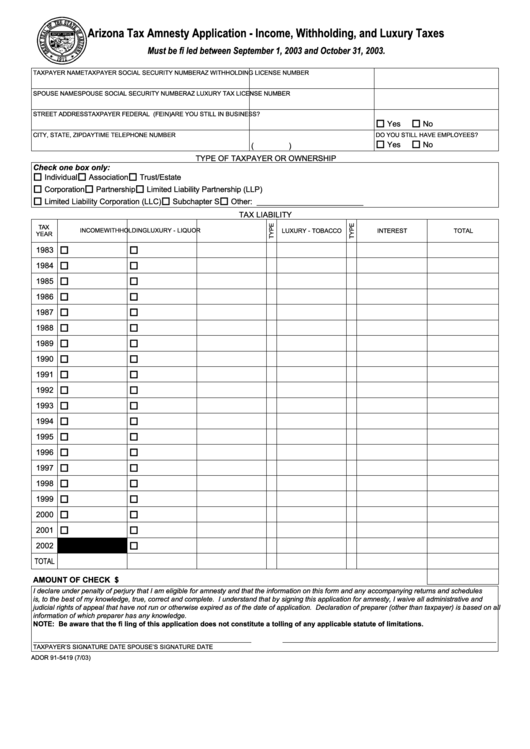 Form Ador 91 5419 Arizona Tax Amnesty Application Income Withholding And Luxury Taxes