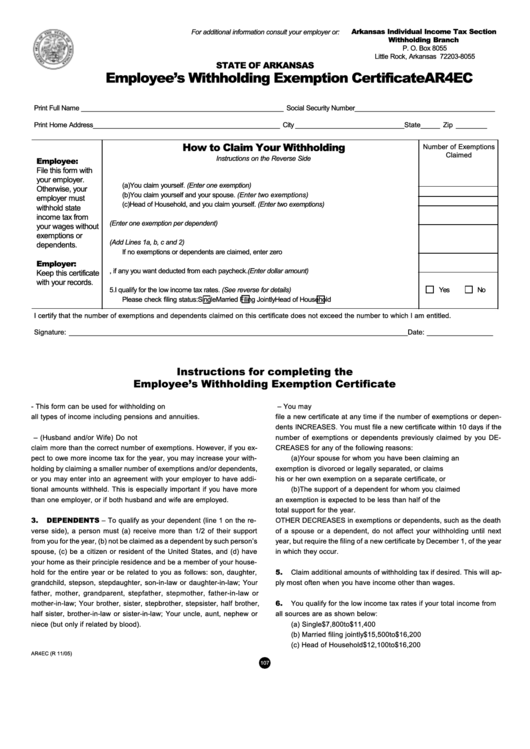 Form Ar4ec Employee S Withholding Exemption Certificate Printable Pdf