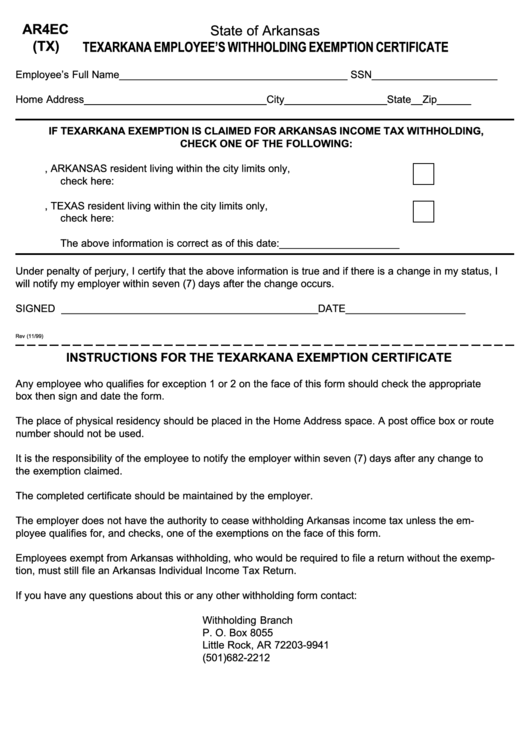 Form Ar4ec Tx Texarkana Employee S Withholding Exemption Certificate Arkansas Printable