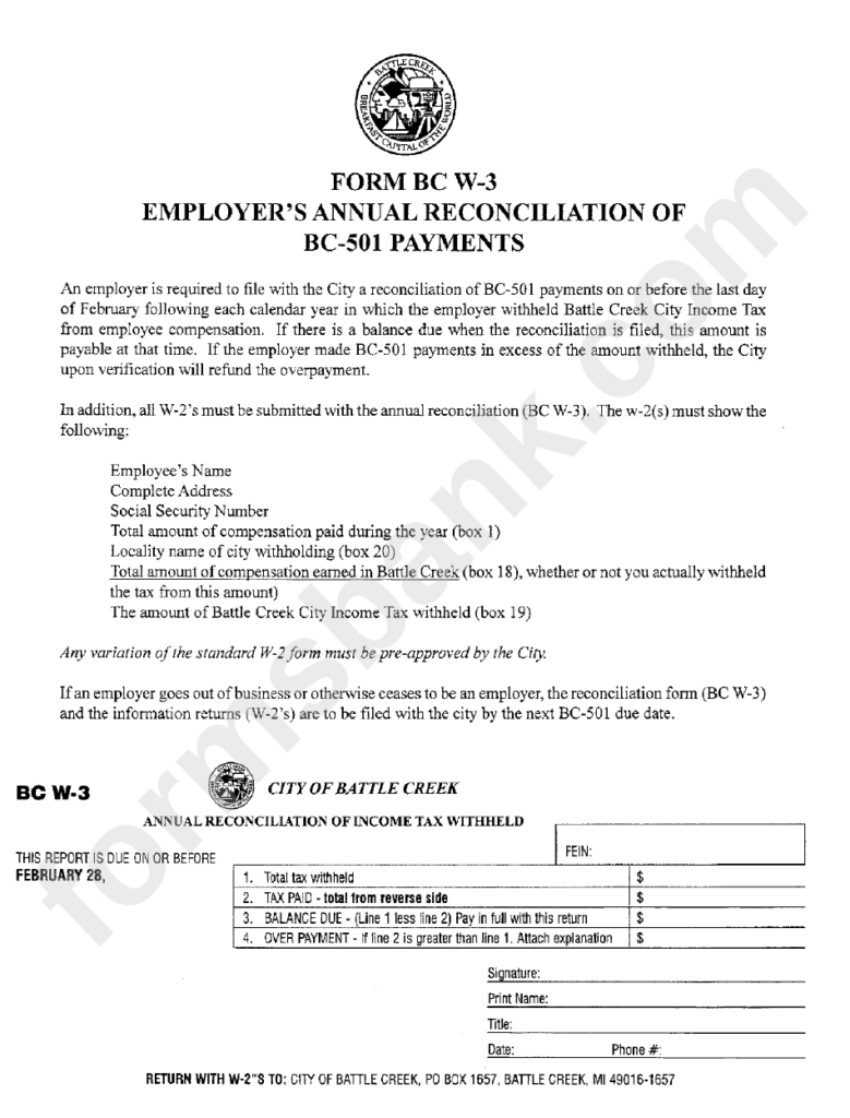 Form Bc W 3 Annual Reconciliation Of Income Tax Withheld City Of Battle Creek Michigan 