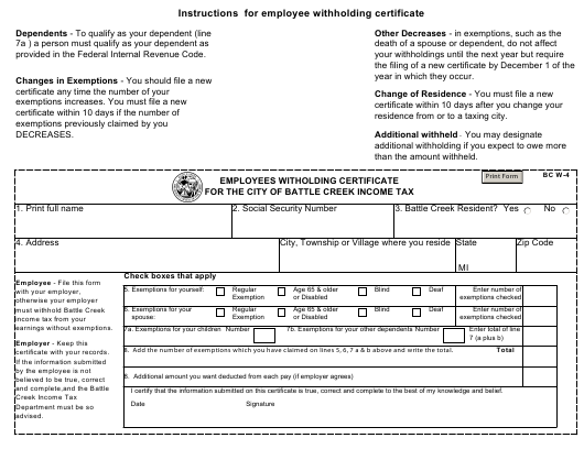 Form BC W 4 Download Printable PDF Employees Withholding Certificate For The City Of