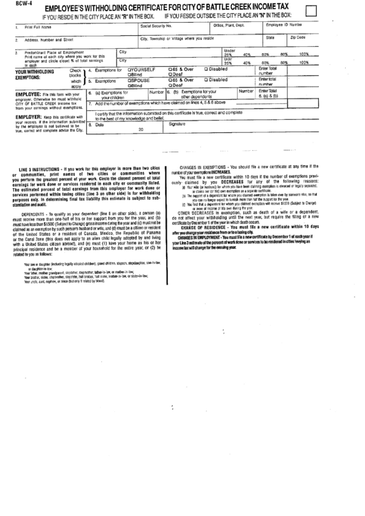 Form Bcw 4 Employee S Withholding Certificate For City Of Battle Creek Income Tax Printable 