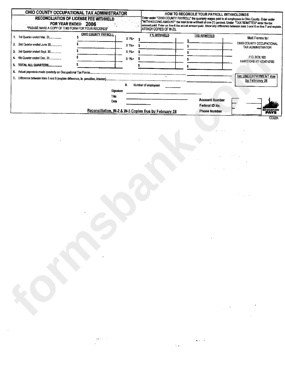 Form Ccq2a Reconciliation Of License Fee Withheld 2006 Printable Pdf 