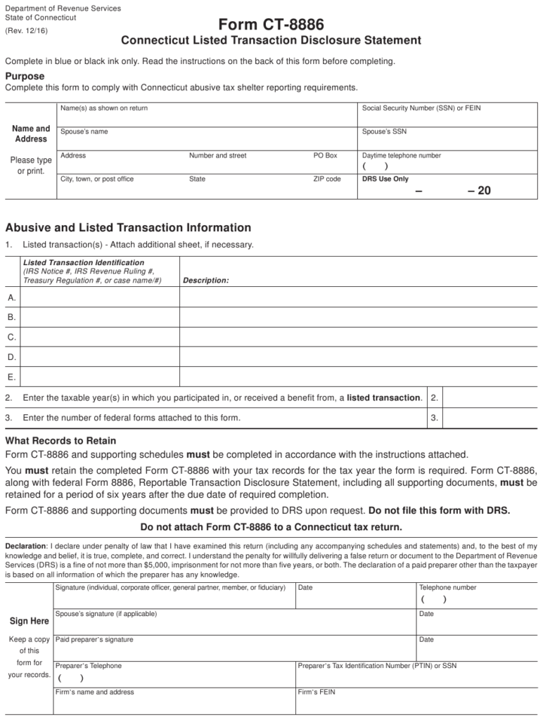 Form CT 8886 Download Printable PDF Or Fill Online Connecticut Listed 