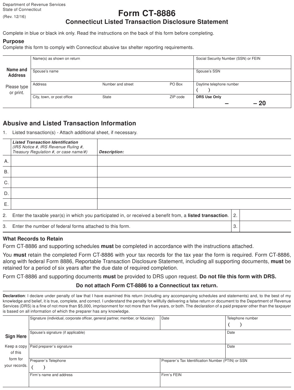 Form CT 8886 Download Printable PDF Or Fill Online Connecticut Listed 