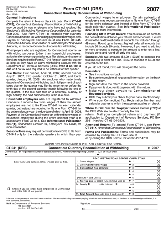 Form Ct 941 Drs Connecticut Quarterly Reconciliation Of Withholding 