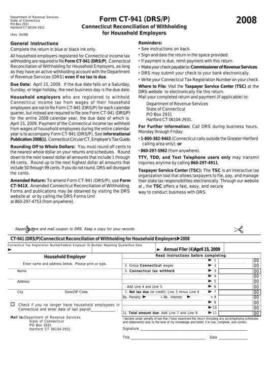 Form Ct 941 Drs p Connecticut Reconciliation Of Withholding For 