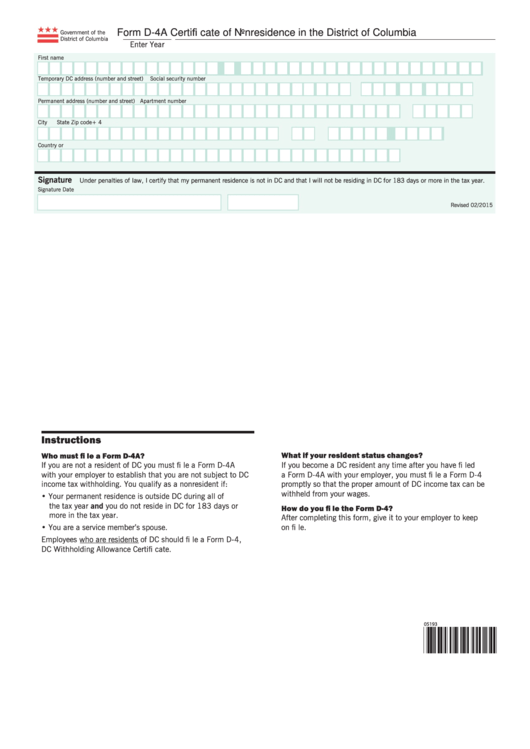 Form D 4a Certificate Of Nonresidence In The District Of Columbia 