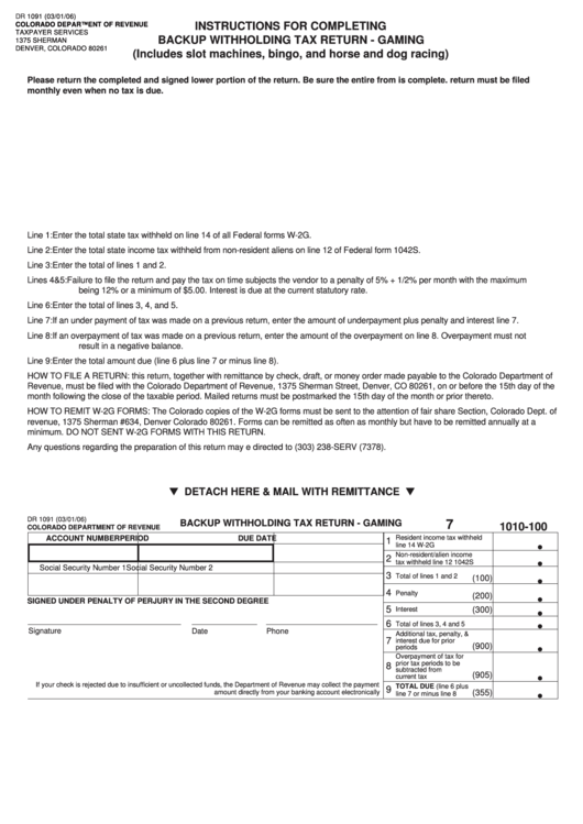 Form Dr 1091 Backup Withholding Tax Return Gaming Printable Pdf 