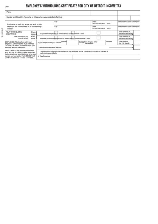 Form Dw 4 Employee S Withholding Certificate For City Of Detroit 