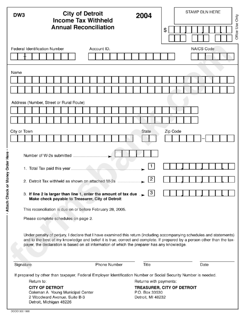 Form Dw3 City Of Detroit Income Tax Withheld Annual Reconciliation 